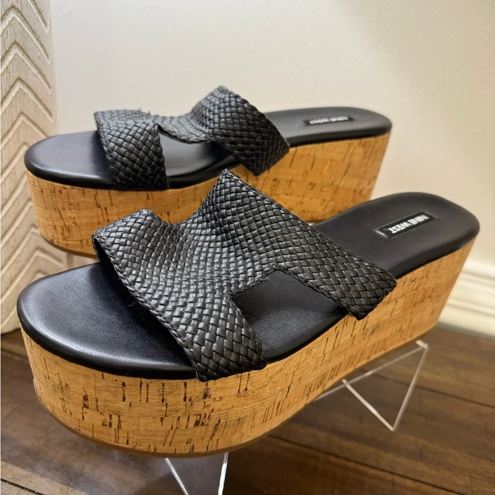 NEW Nine West Black Woven Cork Platform Sandals Size 10